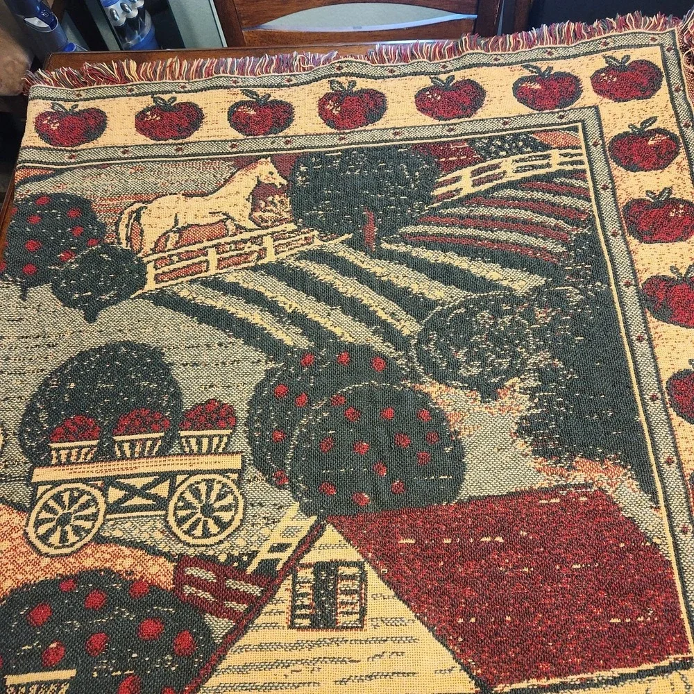 Vtg woven‎ Tapestry Throw Blanket Horses Barn Apple Orchard Thick Cotton Fringe